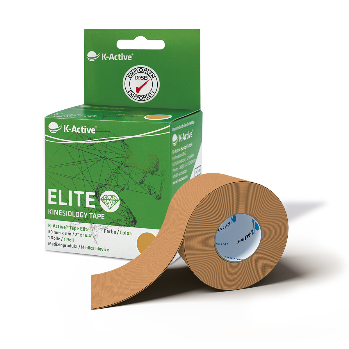 K-Active® Tape Elite 1er Box, beige, 5 cm x 5 m  Kactive_Tapeverpackung_Elite_Beige_1er_mitRolle